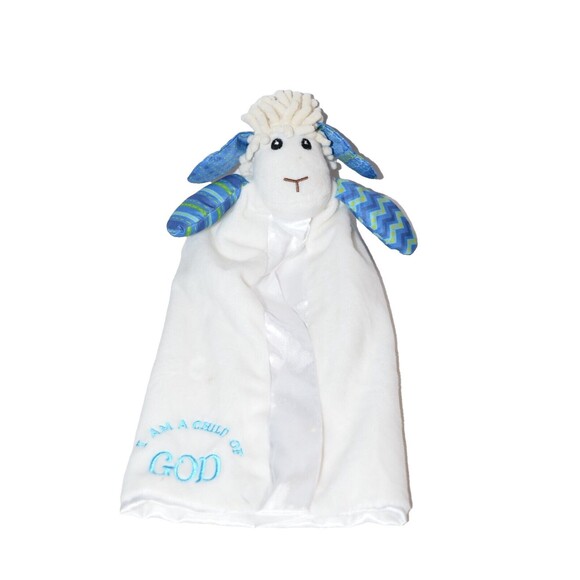 Wee Believers Lamb I am a Child of God Lovey Sheep Blue Security Blanket Satin - Picture 1 of 8